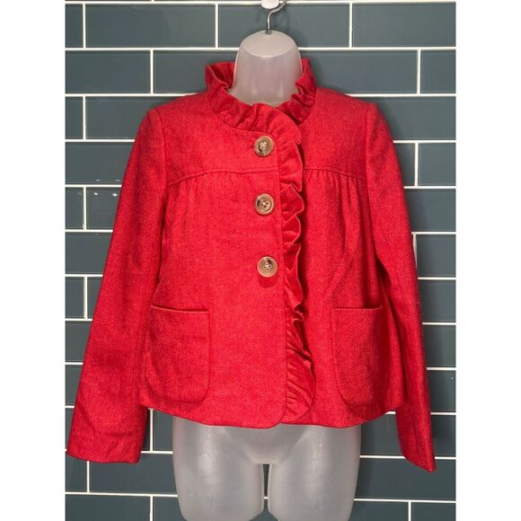J CREW FIONA DARK PINK HERRINGBONE WOOL BLAZER JACKET SHORT RUFFLE COLLAR TRIM 2 - Picture 1 of 11